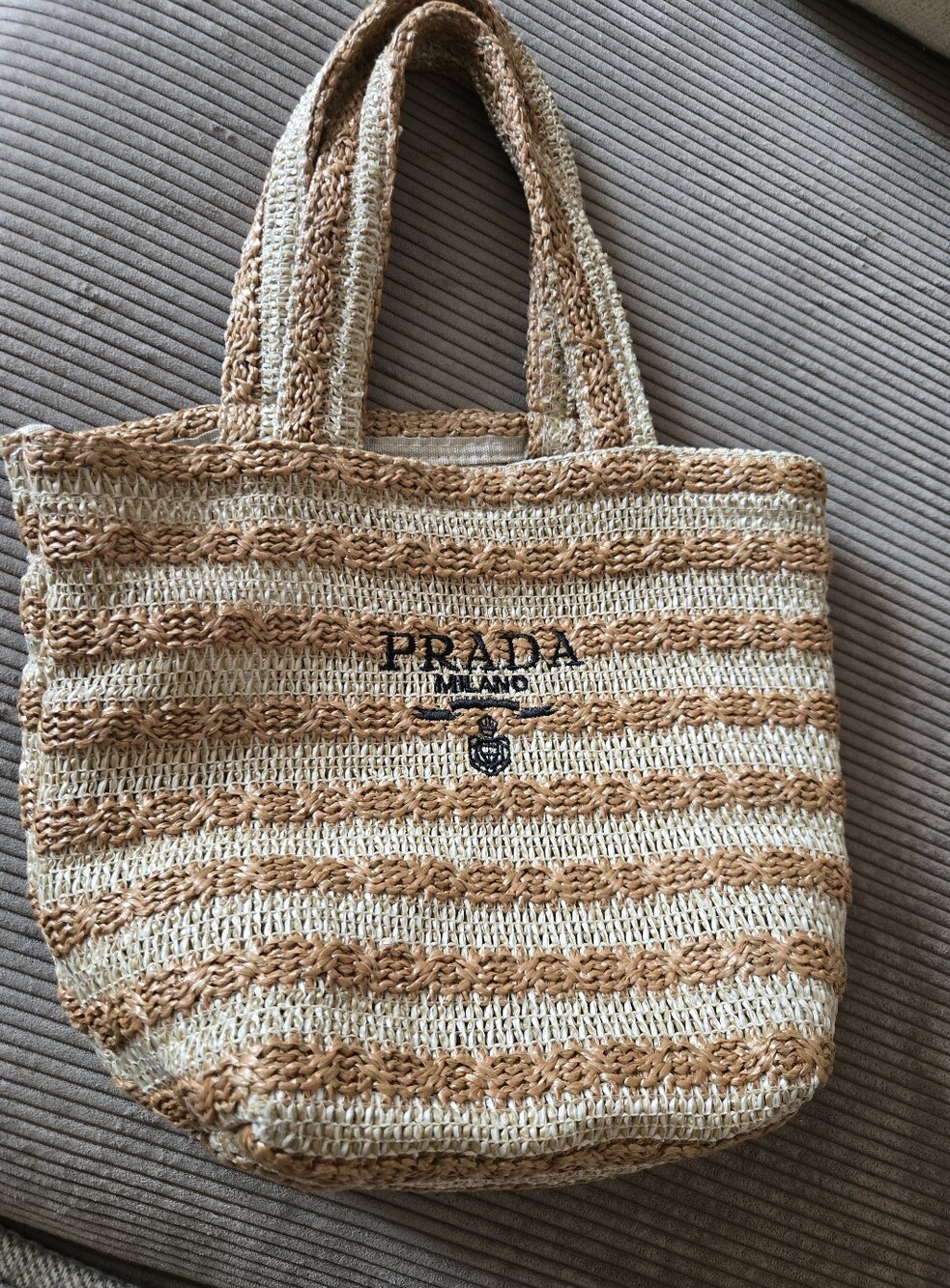 Prada Striped Beige and Tan Woven Tote